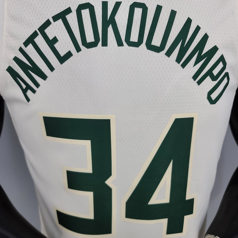 Camiseta sin mangas de la NBA de los Milwaukee Bucks: Antetokounmpo n.° 34 a rayas en blanco roto 