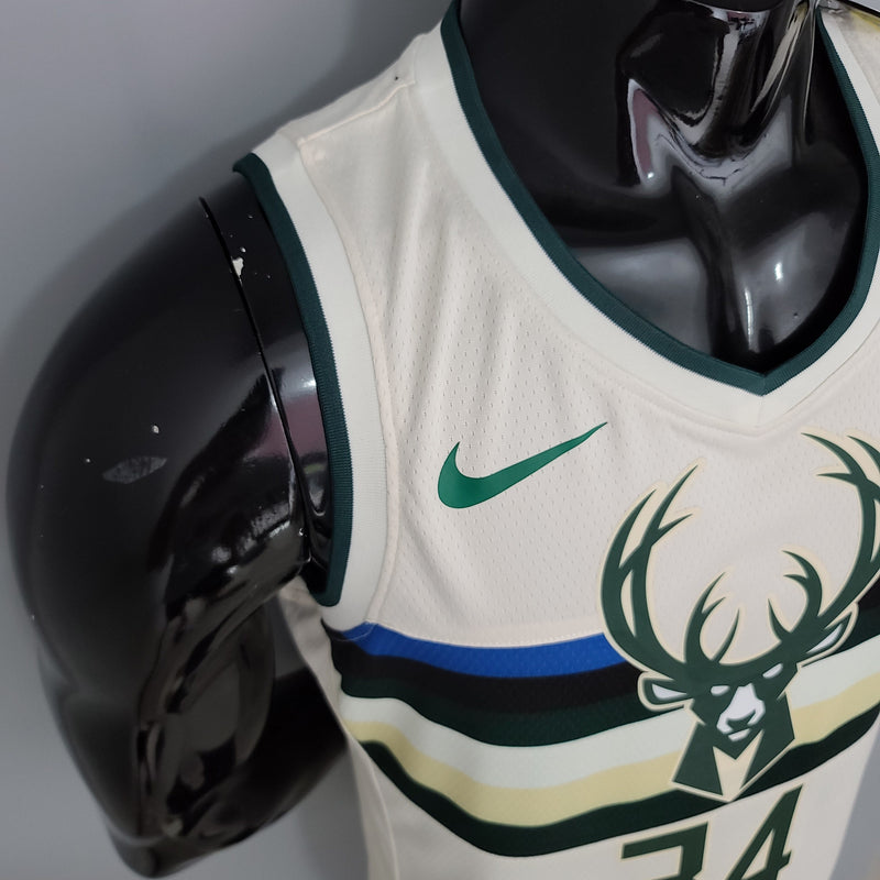 Camiseta sin mangas de la NBA de los Milwaukee Bucks: Antetokounmpo n.° 34 a rayas en blanco roto 