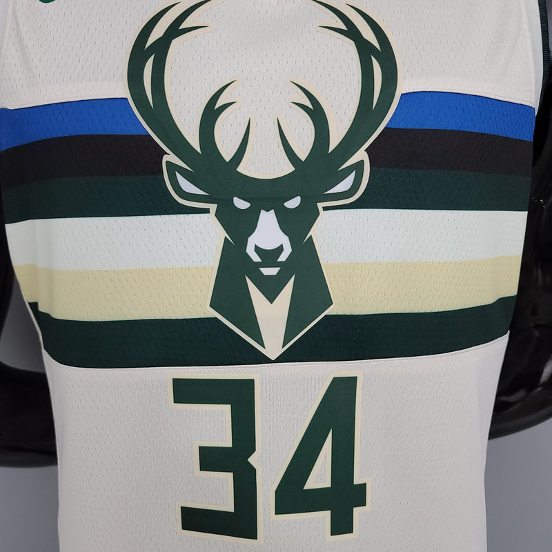 Camiseta sin mangas de la NBA de los Milwaukee Bucks: Antetokounmpo n.° 34 a rayas en blanco roto 