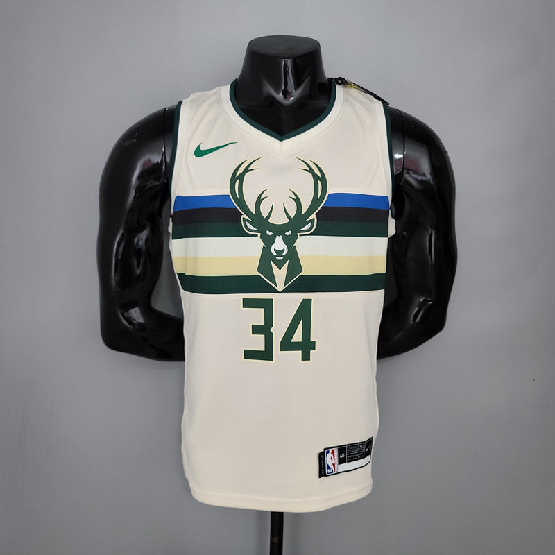 Camiseta sin mangas de la NBA de los Milwaukee Bucks: Antetokounmpo n.° 34 a rayas en blanco roto 